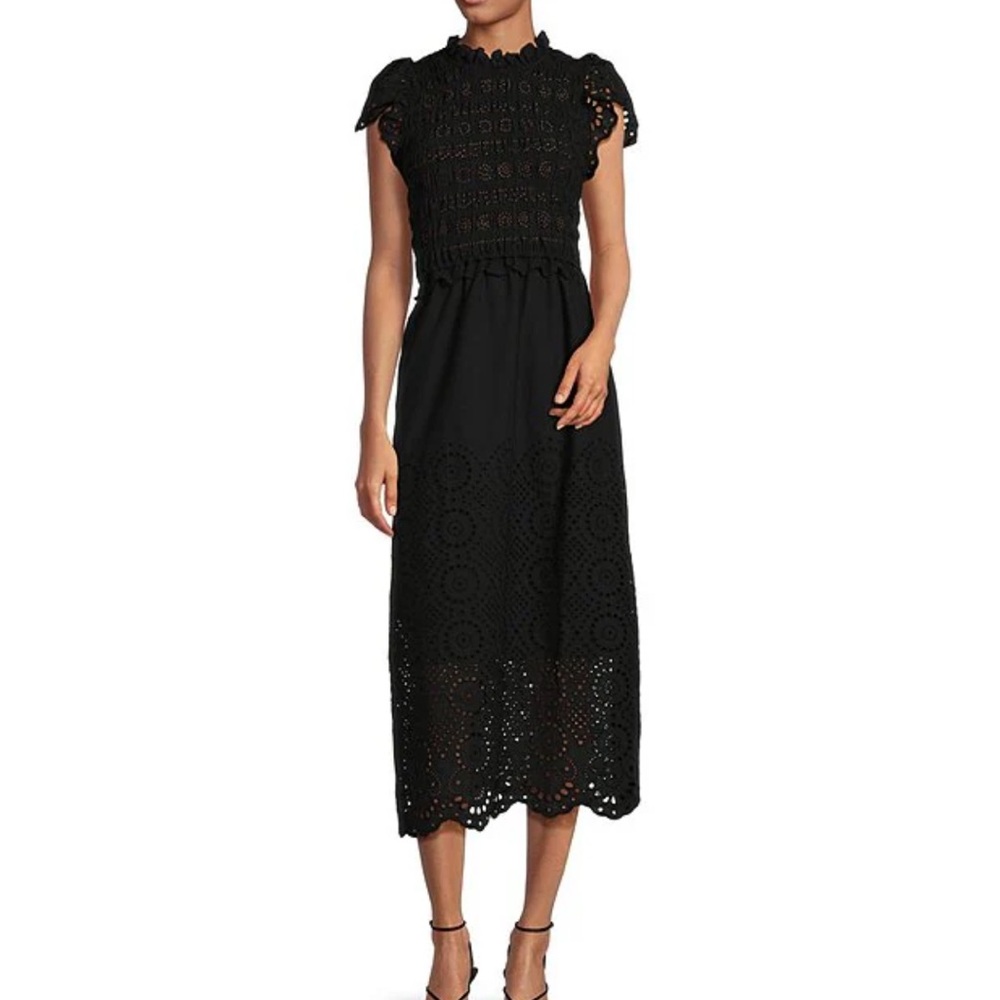 Tyler Boe Jessica Eyelet Ruffled Round Neck Cap Puff Sleeve Smocked A-Line Dress
